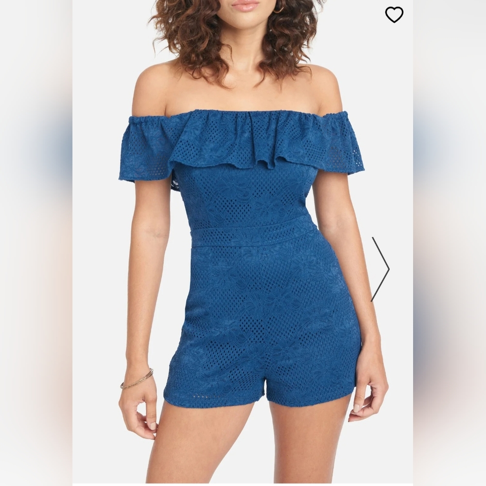 BEBE Off Shoulder Lace Romper